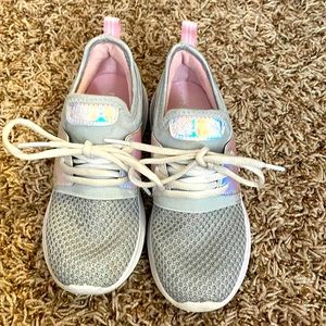 Nautical slip on tennis shoes. Worn like twice. Size 1 silver and pink.